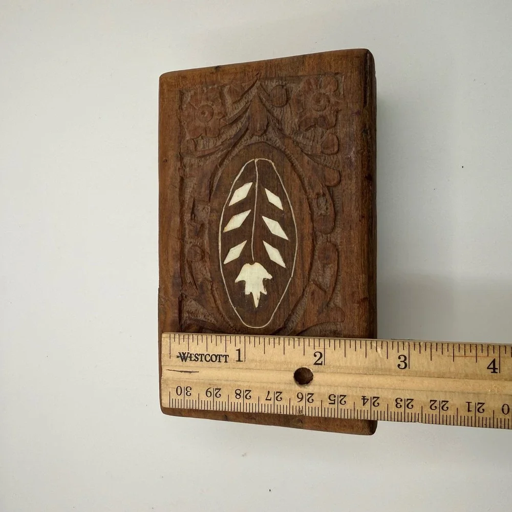 Vintage Hand Carved Wood Jewelry Box India Floral Inlay Small Trinket Keepsake